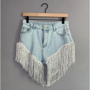 SHEIN Faded Denim Silver Sparkle Fringe Shorts petite Med
